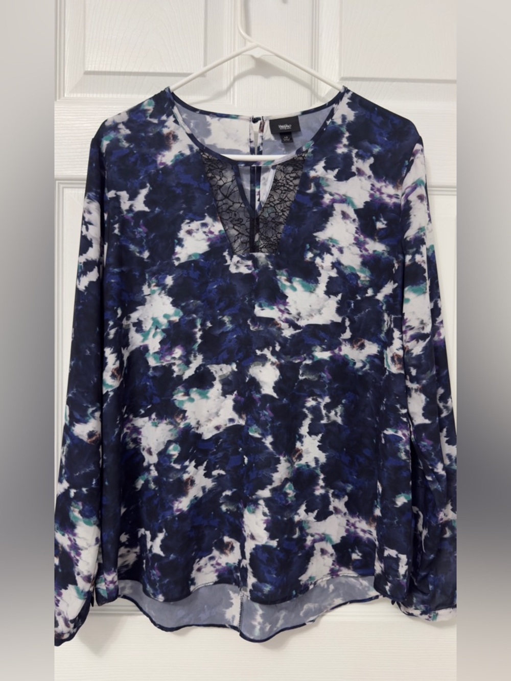 Textured Navy & White Lace-Trim Blouse by Worthington